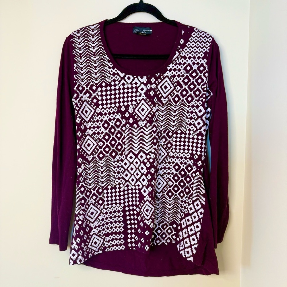 Deep Cherry Long Sleeve Shirt Geometric Print Paradisio Authentiques Size M